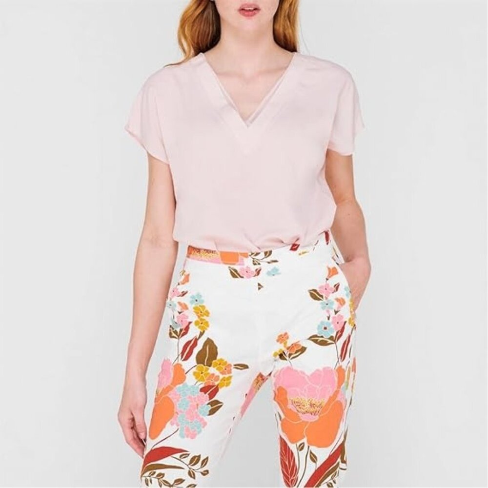 Dkny Sportswear Women's Missy Short Sleeve V-Neck Woven Blouse Top Blush Size XS